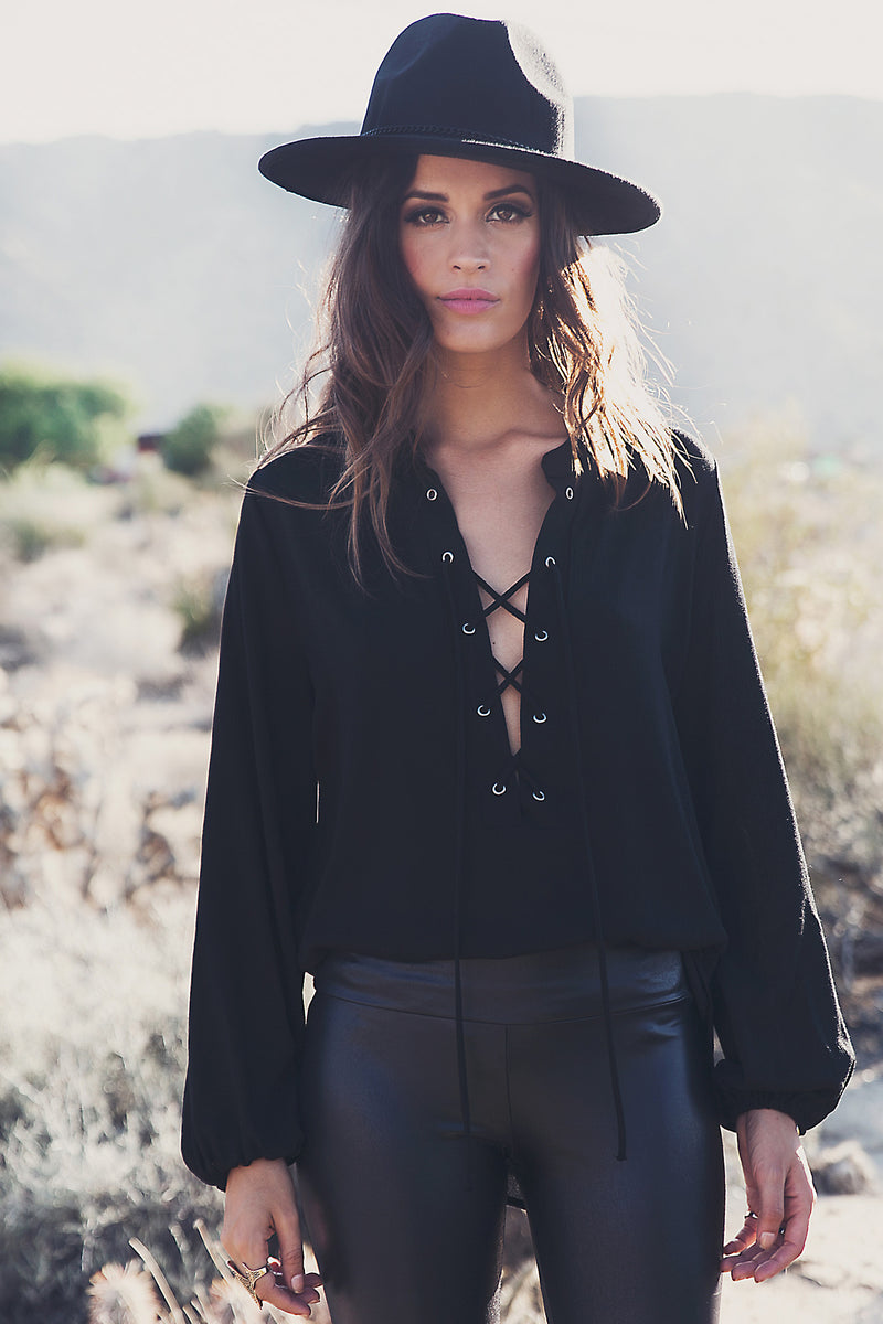 Sabrine Lace-Up Blouse - Black - Haute & Rebellious