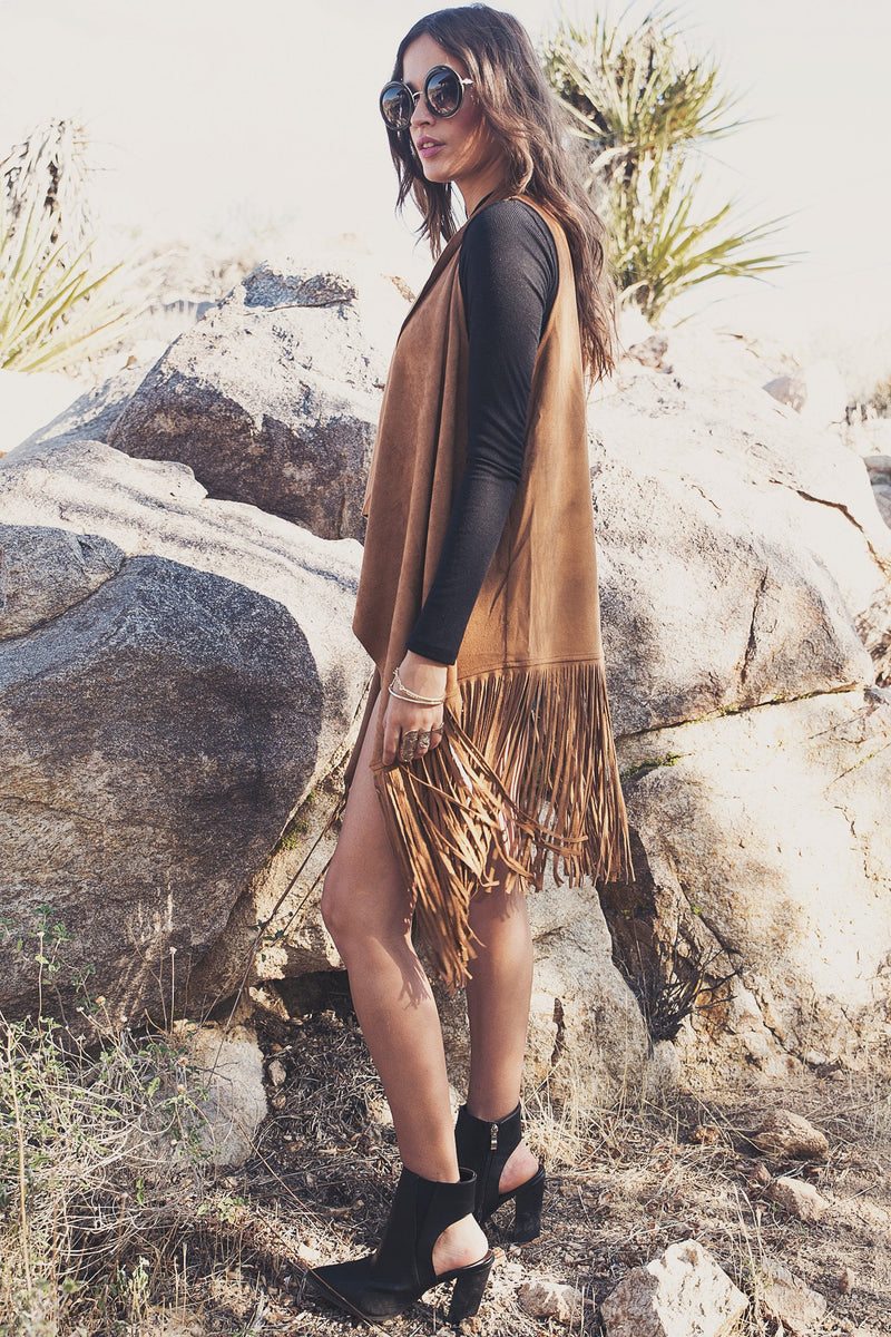 Aline Suede Fringe Vest - Camel - Haute & Rebellious