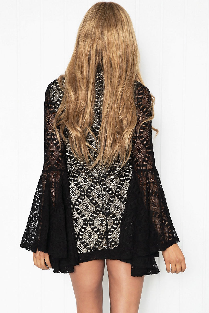 Black lace bell sleeve hot sale dress