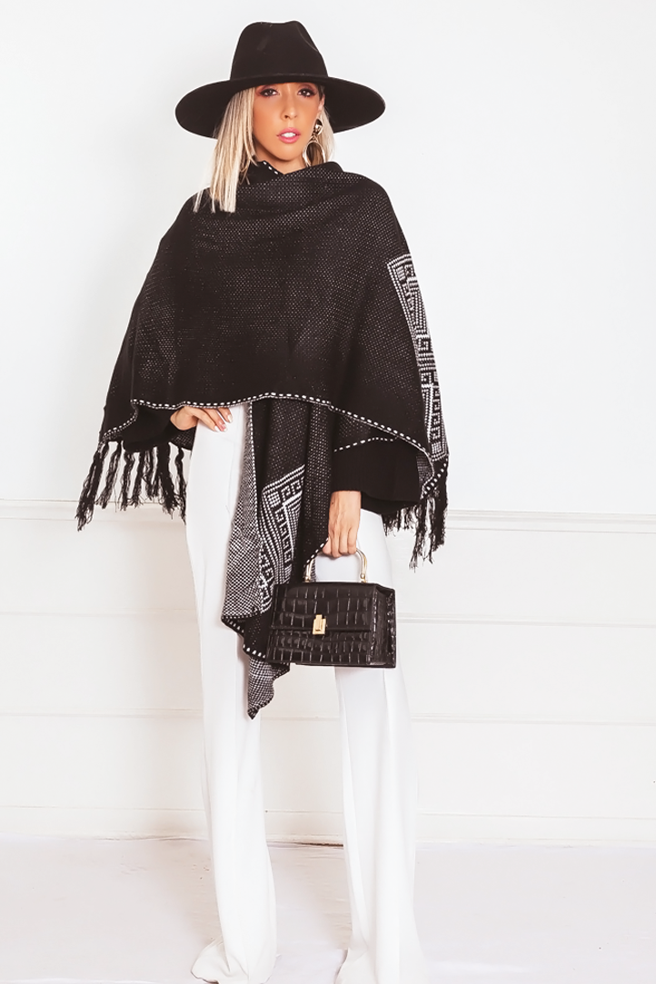 Poncho Cardigan Sweater with Fringe