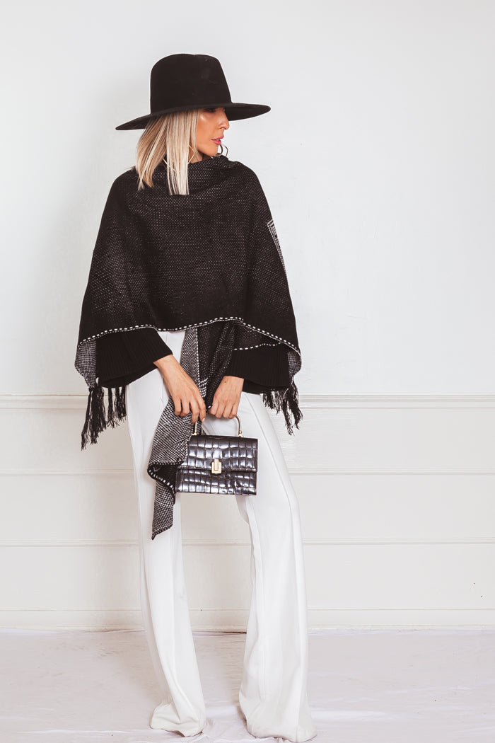 Poncho Cardigan Sweater with Fringe