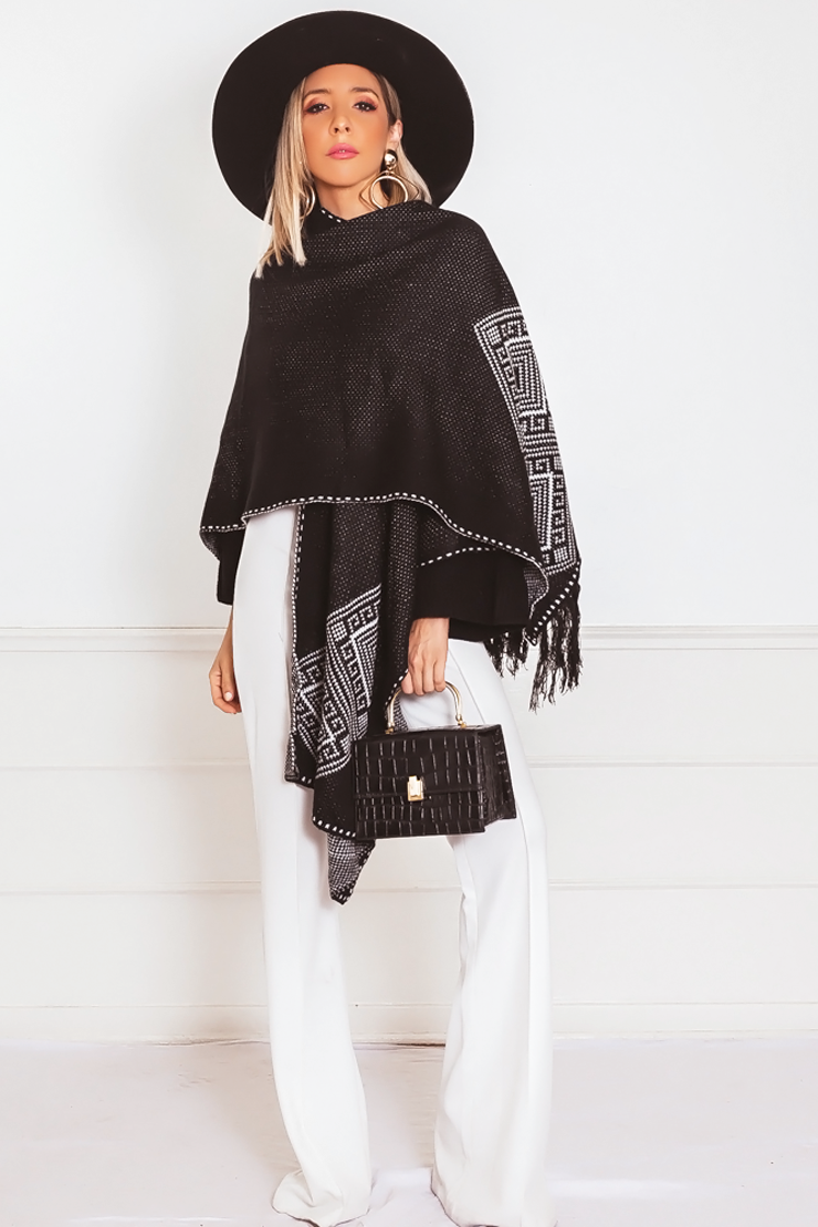 Poncho Cardigan Sweater with Fringe