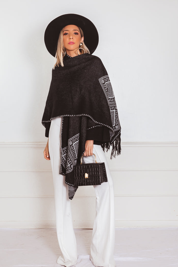 Poncho Cardigan Sweater with Fringe