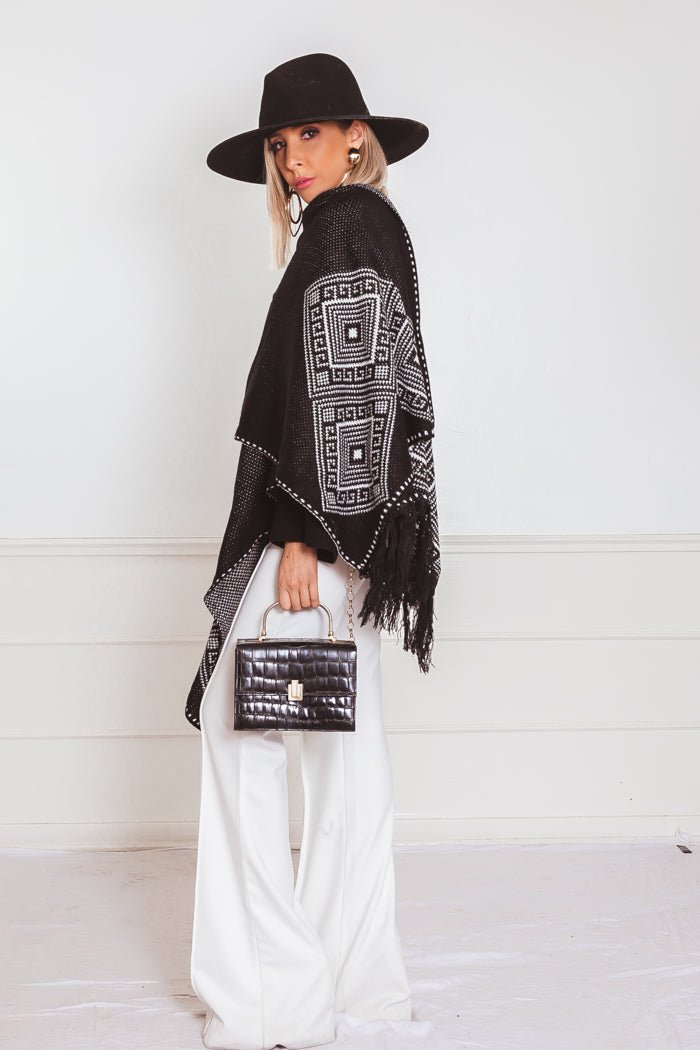 Poncho Cardigan Sweater with Fringe