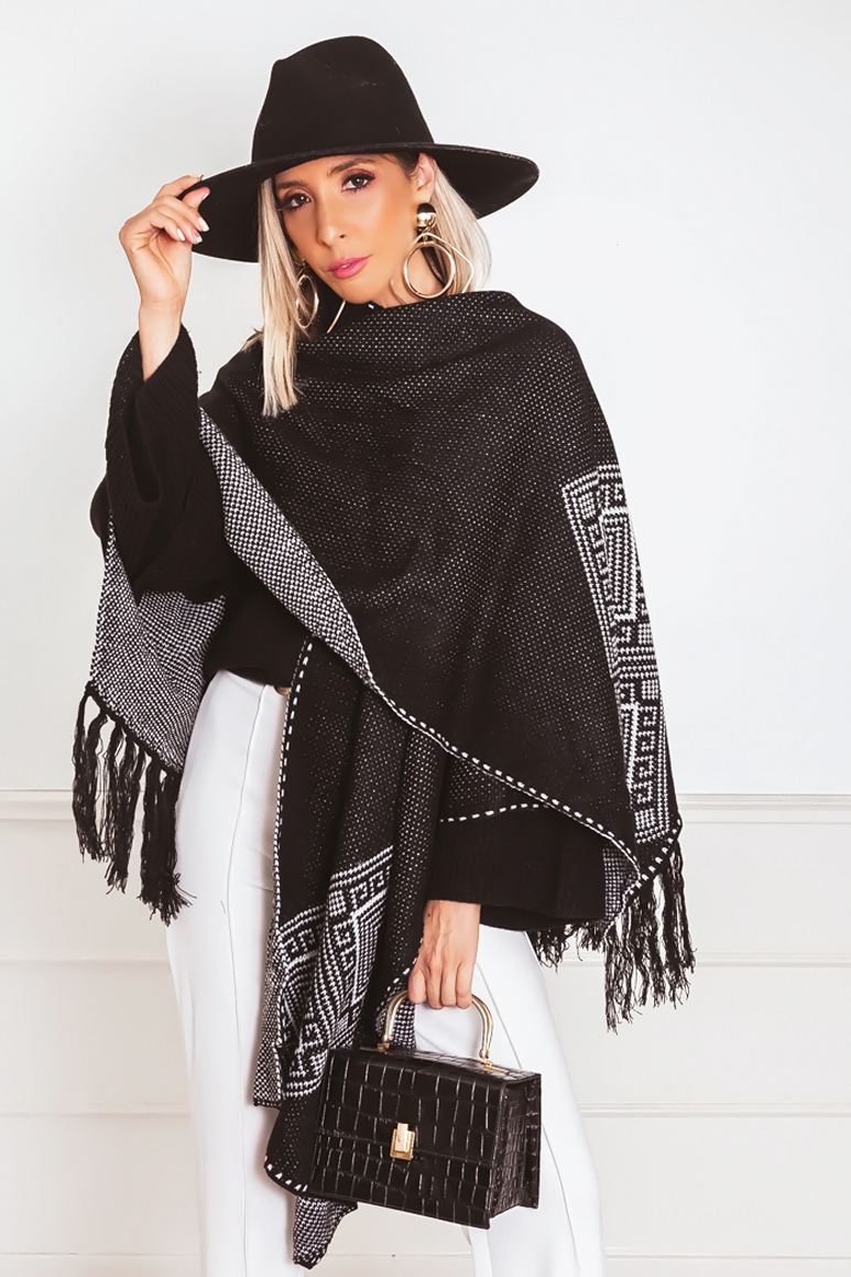 Poncho Cardigan Sweater with Fringe