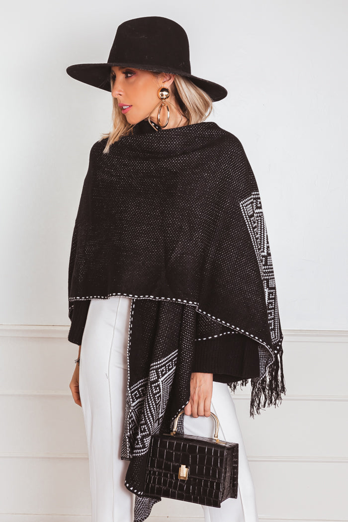 Poncho Cardigan Sweater with Fringe