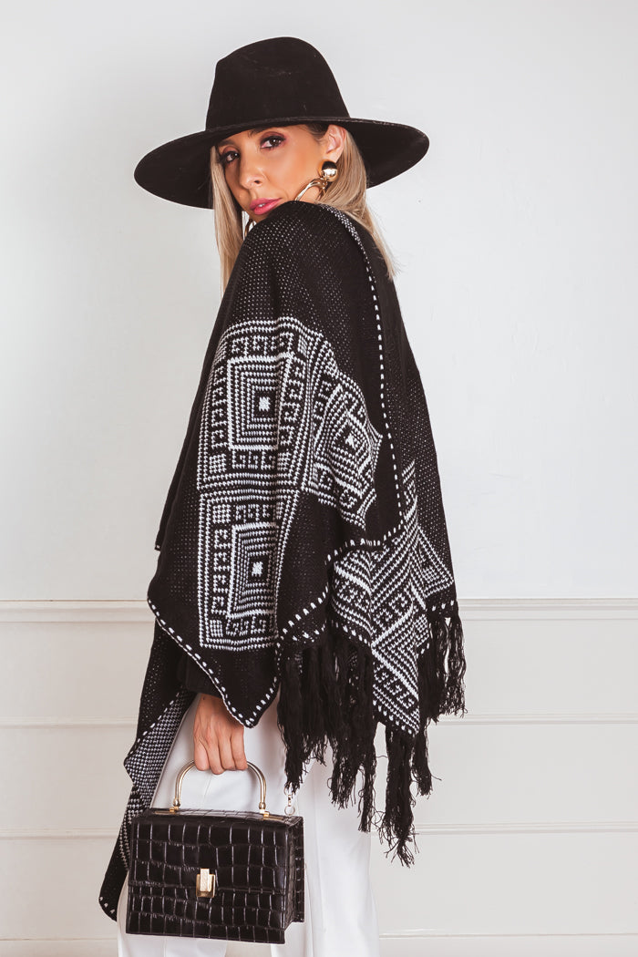Poncho Cardigan Sweater with Fringe