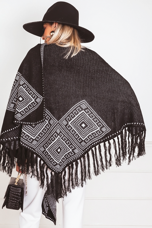 Poncho Cardigan Sweater with Fringe