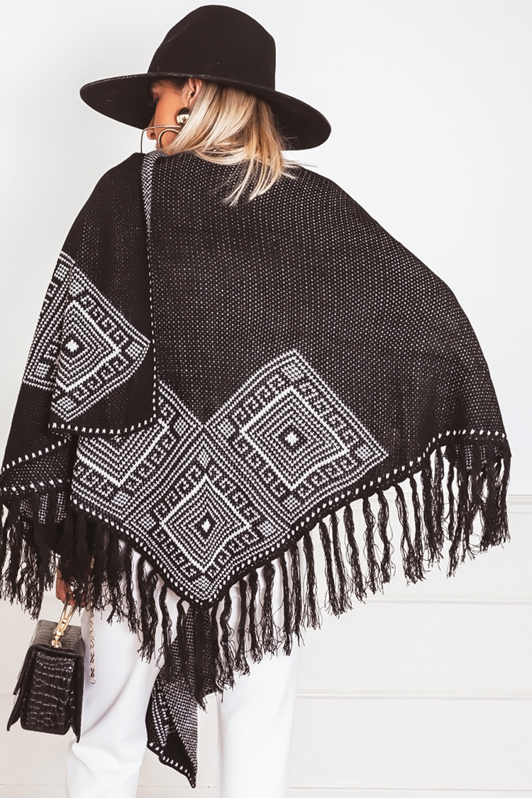 Poncho Cardigan Sweater with Fringe