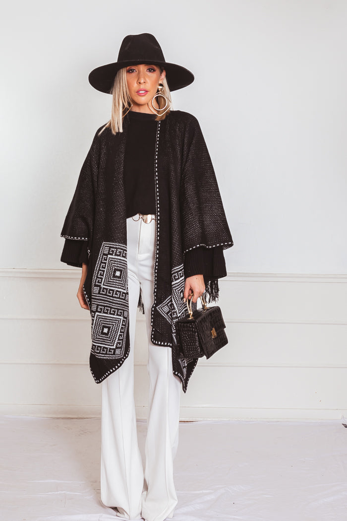 Poncho Cardigan Sweater with Fringe