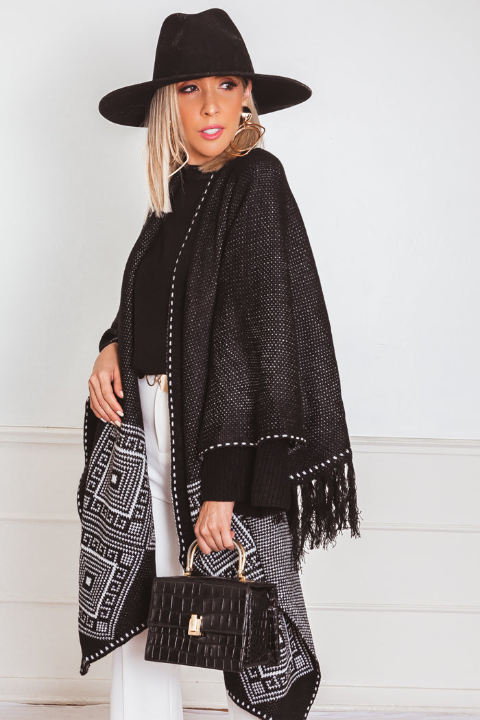 Poncho Cardigan Sweater with Fringe