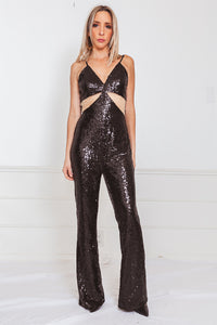 Sequin Jumpsuit with Contrast Mesh Cutout