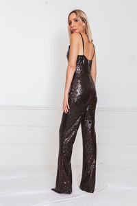 Sequin Jumpsuit with Contrast Mesh Cutout