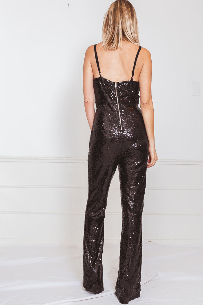 Sequin Jumpsuit with Contrast Mesh Cutout