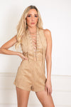 Lace-Up Suede Romper - Tan