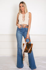 Lace-Up Crochet Crop Top - Cream