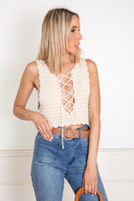 Lace-Up Crochet Crop Top - Cream