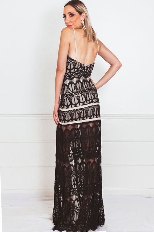 Lace Maxi Dress with Nude Contrast