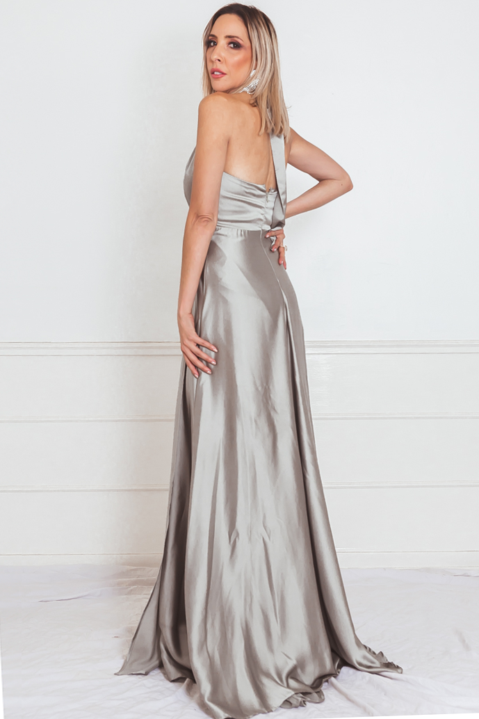 satin high-slit maxi dress Miss Circle Women Elayna Orange Strappy Satin Corset High Slit Gown