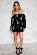 Print Dress with Bell-Sleeves - Black