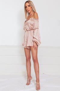 Off-Shoulder Satin Romper with Tie Detail