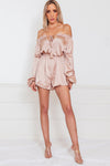 Off-Shoulder Satin Romper with Tie Detail