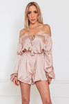 Off-Shoulder Satin Romper with Tie Detail