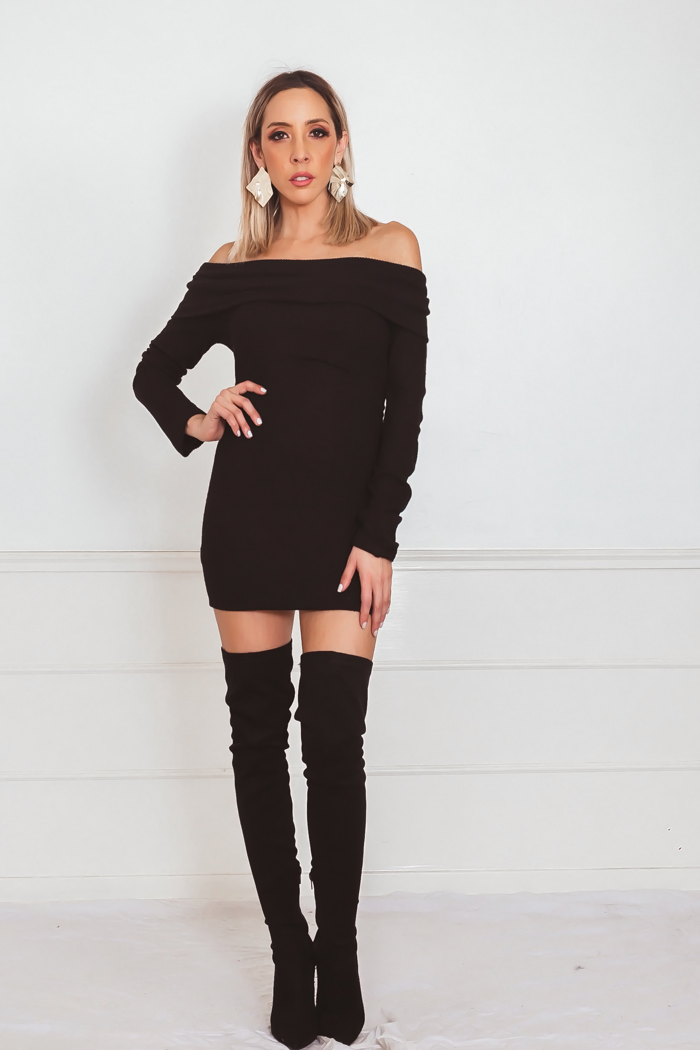 Off-Shoulder Mini Dress with Overlap - Black