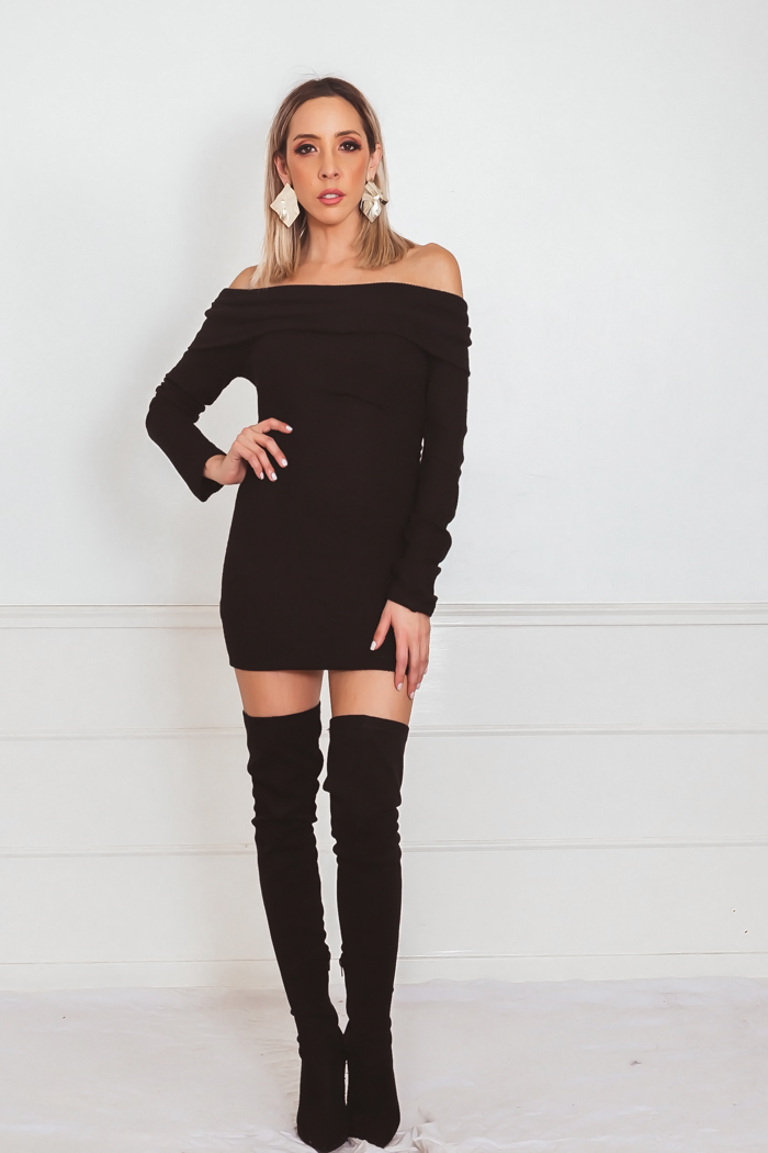 Off-Shoulder Mini Dress with Overlap - Black Haute & Rebellious Off-Shoulder Mini Dress with Overlap - Black Haute & Rebellious