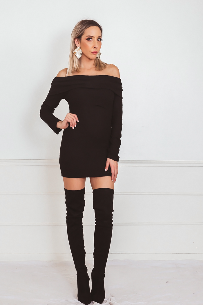 Off-Shoulder Mini Dress with Overlap - Black – Haute & Rebellious Off-Shoulder Mini Dress with Overlap - Black – Haute & Rebellious