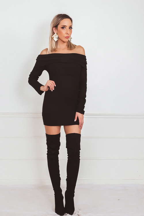 Off-Shoulder Mini Dress with Overlap - Black