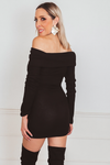 Off-Shoulder Mini Dress with Overlap - Black