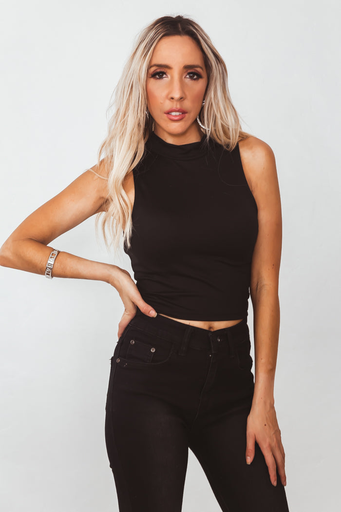 Mock Neck Sleeveless Tee - Black