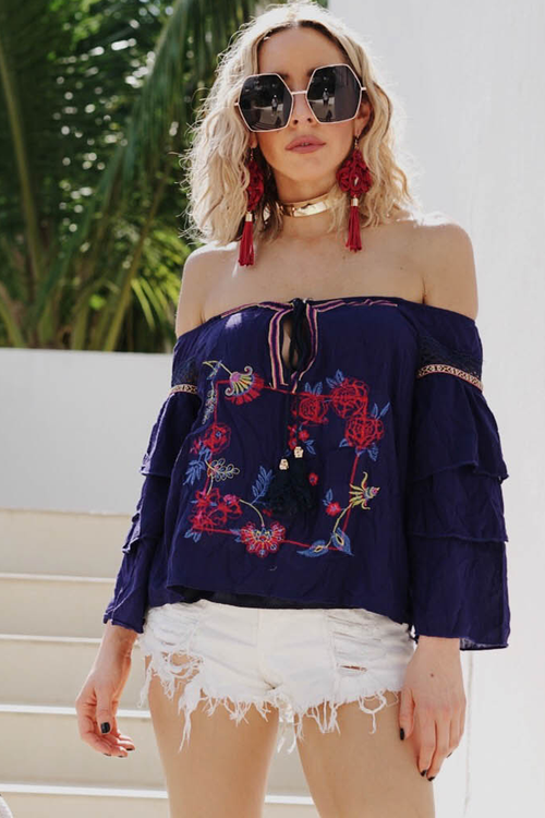 Off-Shoulder Tribal Embroidery Top - Navy /// ONLY 1-M LEFT/// - Haute & Rebellious