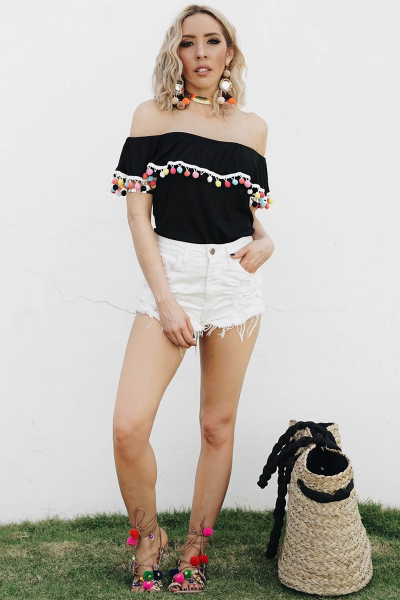 Pom-Pom Off-Shoulder Top - Black /// ONLY 1-M LEFT/// - Haute & Rebellious