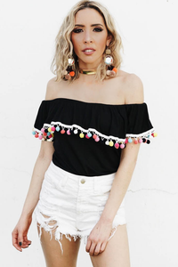 Pom-Pom Off-Shoulder Top - Black /// ONLY 1-M LEFT/// - Haute & Rebellious