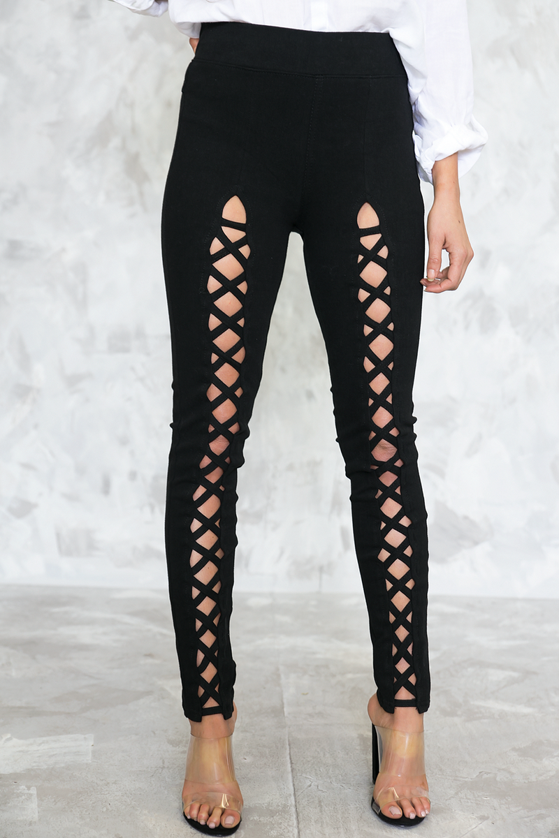 Lace-Up Cutout Pants - Black - Haute & Rebellious