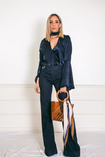 Satin Deep-V Satin Blouse with Bell Sleeves