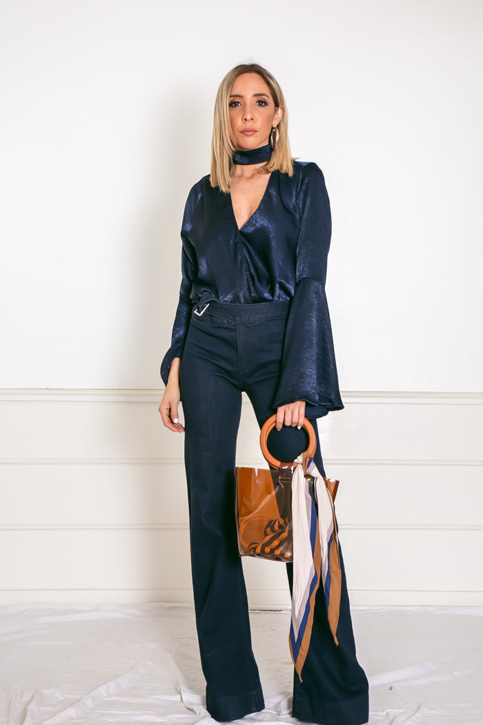 Satin Deep-V Satin Blouse with Bell Sleeves