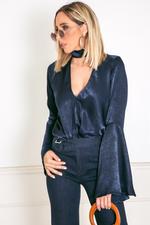 Satin Deep-V Satin Blouse with Bell Sleeves