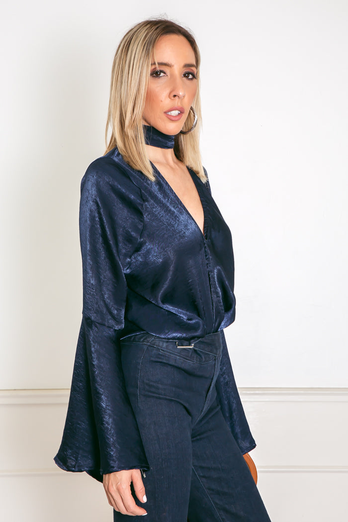 Satin Deep-V Satin Blouse with Bell Sleeves