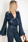 Satin Deep-V Satin Blouse with Bell Sleeves