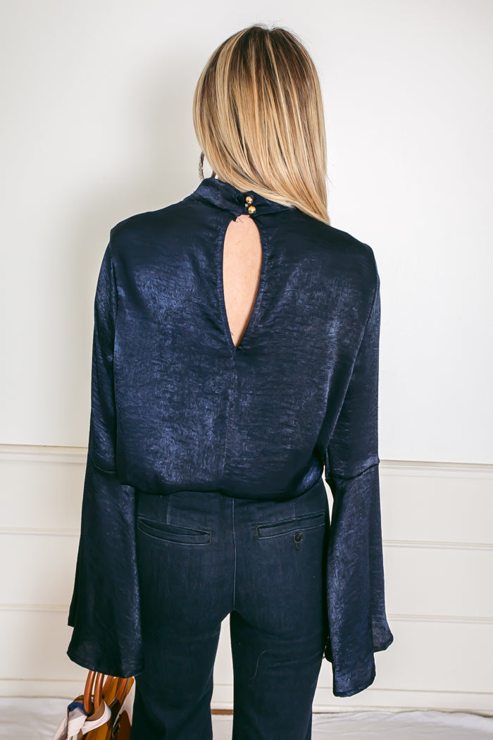 Satin Deep-V Satin Blouse with Bell Sleeves