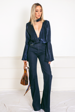 Satin Deep-V Satin Blouse with Bell Sleeves