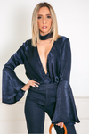 Satin Deep-V Satin Blouse with Bell Sleeves