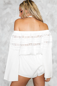 Crochet Off-Shoulder Long Sleeve Romper - Haute & Rebellious