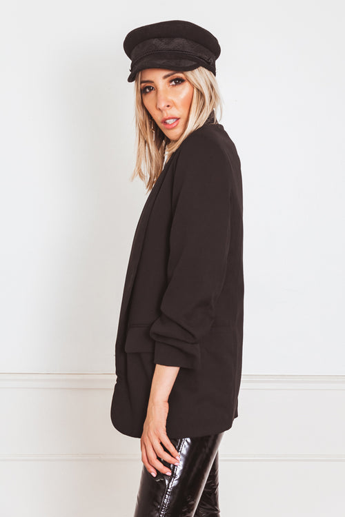 Shawl Collar Blazer with Ruched Sleeve - Black