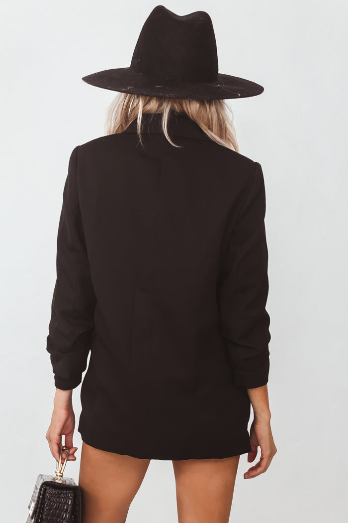 Shawl Collar Blazer with Ruched Sleeve - Black