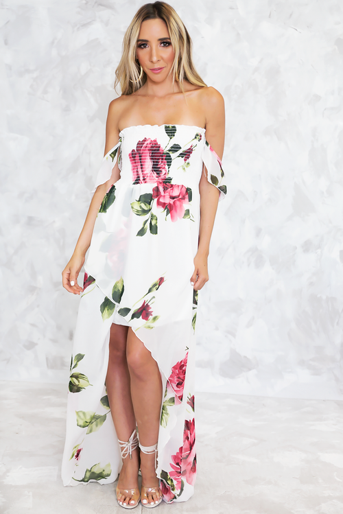 Make Nice Off-Shoulder Floral Midi - Haute & Rebellious
