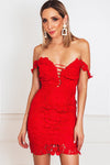 Lace Mini Dress with Lace-Up Front - Red